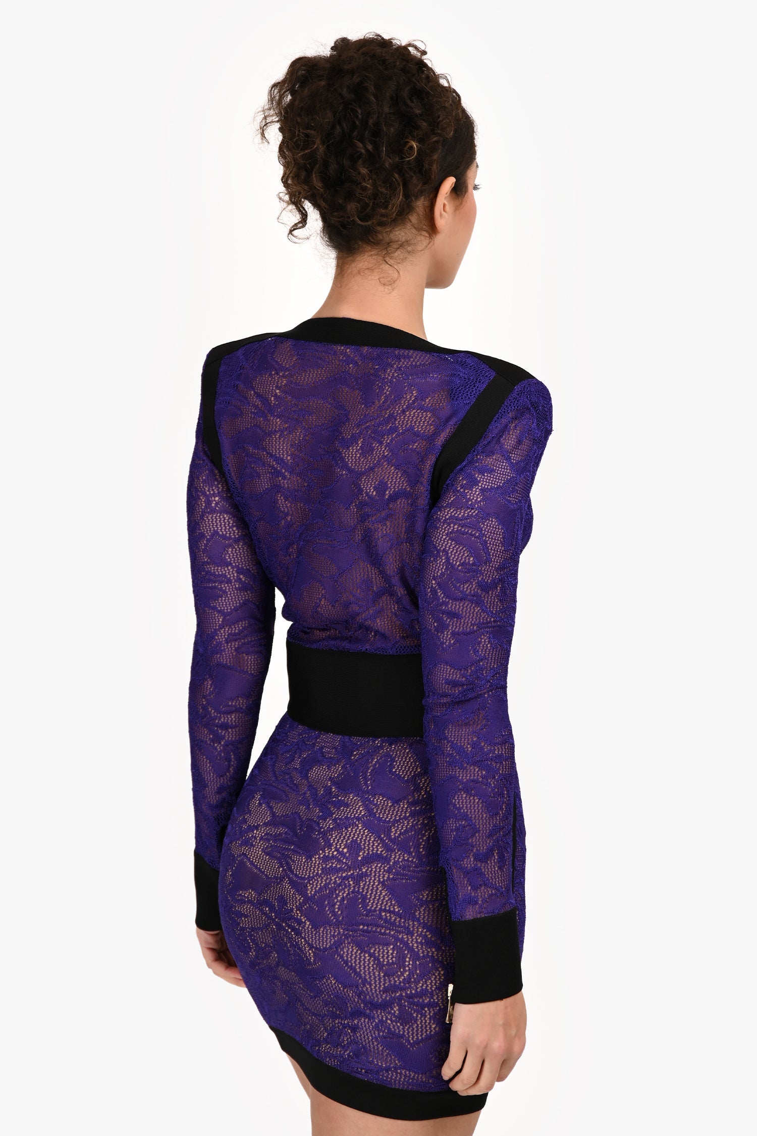 Balmain Black/Purple Lace Zip Up Shoulder Padded Long Sleeve Dress Size  38