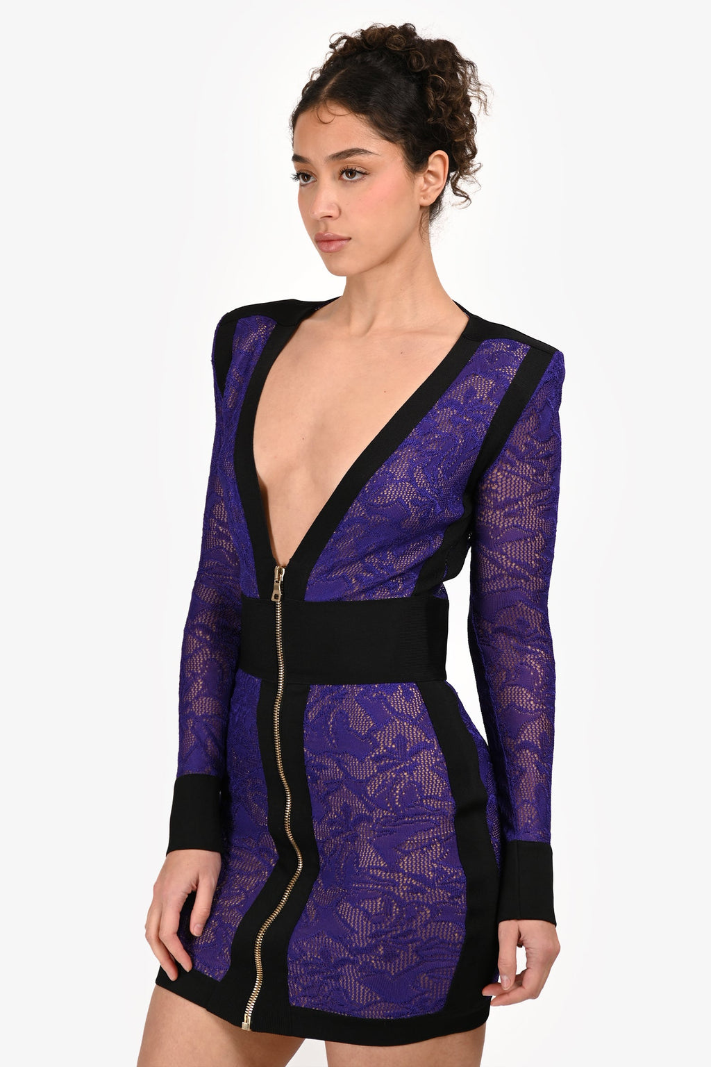 Balmain Black/Purple Lace Zip Up Shoulder Padded Long Sleeve Dress Size  38