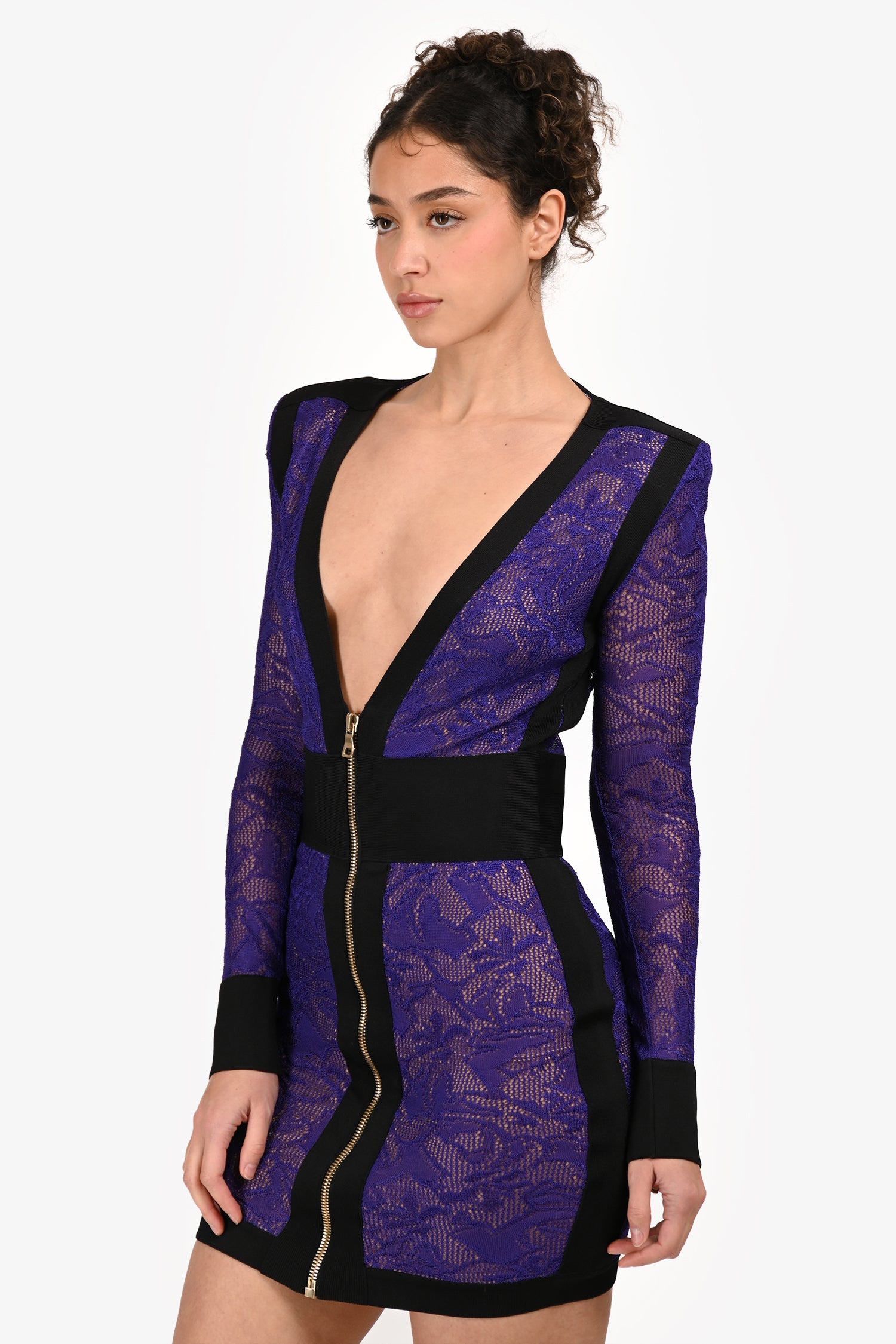 Balmain Black/Purple Lace Zip Up Shoulder Padded Long Sleeve Dress Size  38