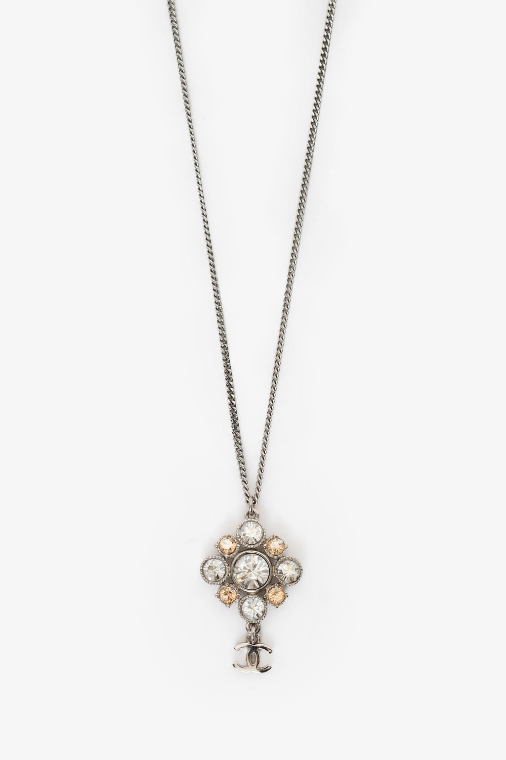 Pre-Loved Chanel™ 2012 Silver Toned Crystal Drop CC Pendant Necklace