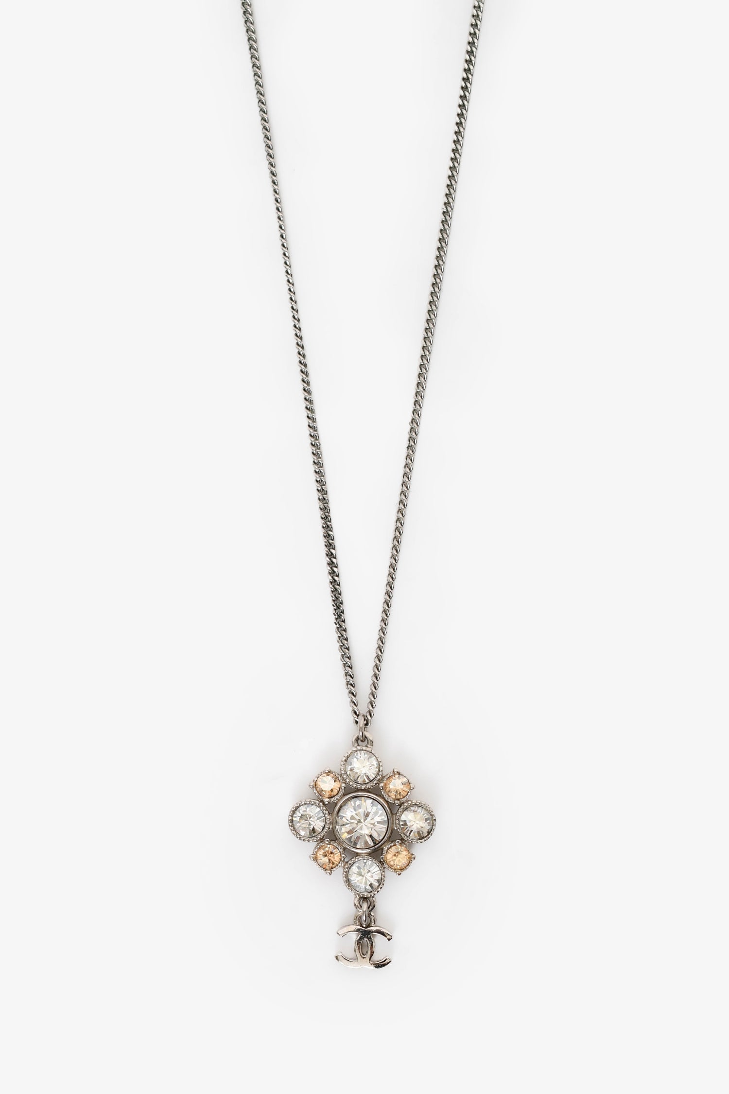 Pre-Loved Chanel™ 2012 Silver Toned Crystal Drop CC Pendant Necklace
