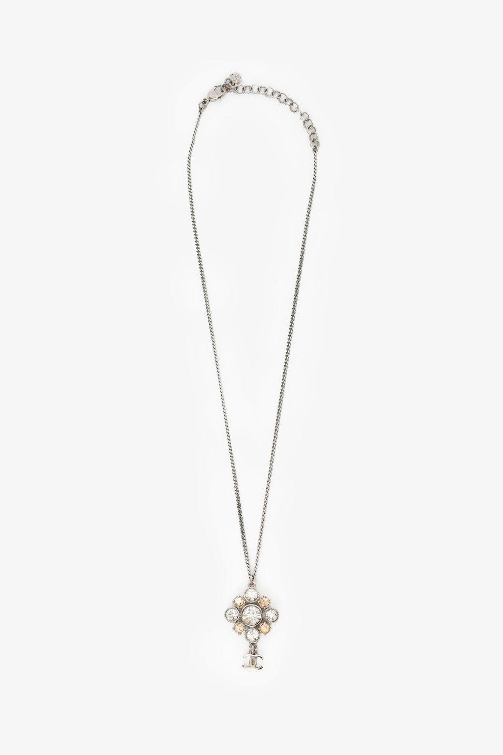 Pre-Loved Chanel™ 2012 Silver Toned Crystal Drop CC Pendant Necklace