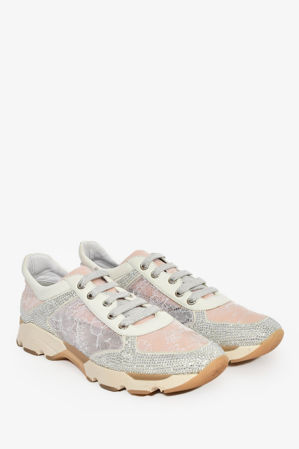 Rene Caovilla Pink/Silver Lace Crystal Sneakers Size 37