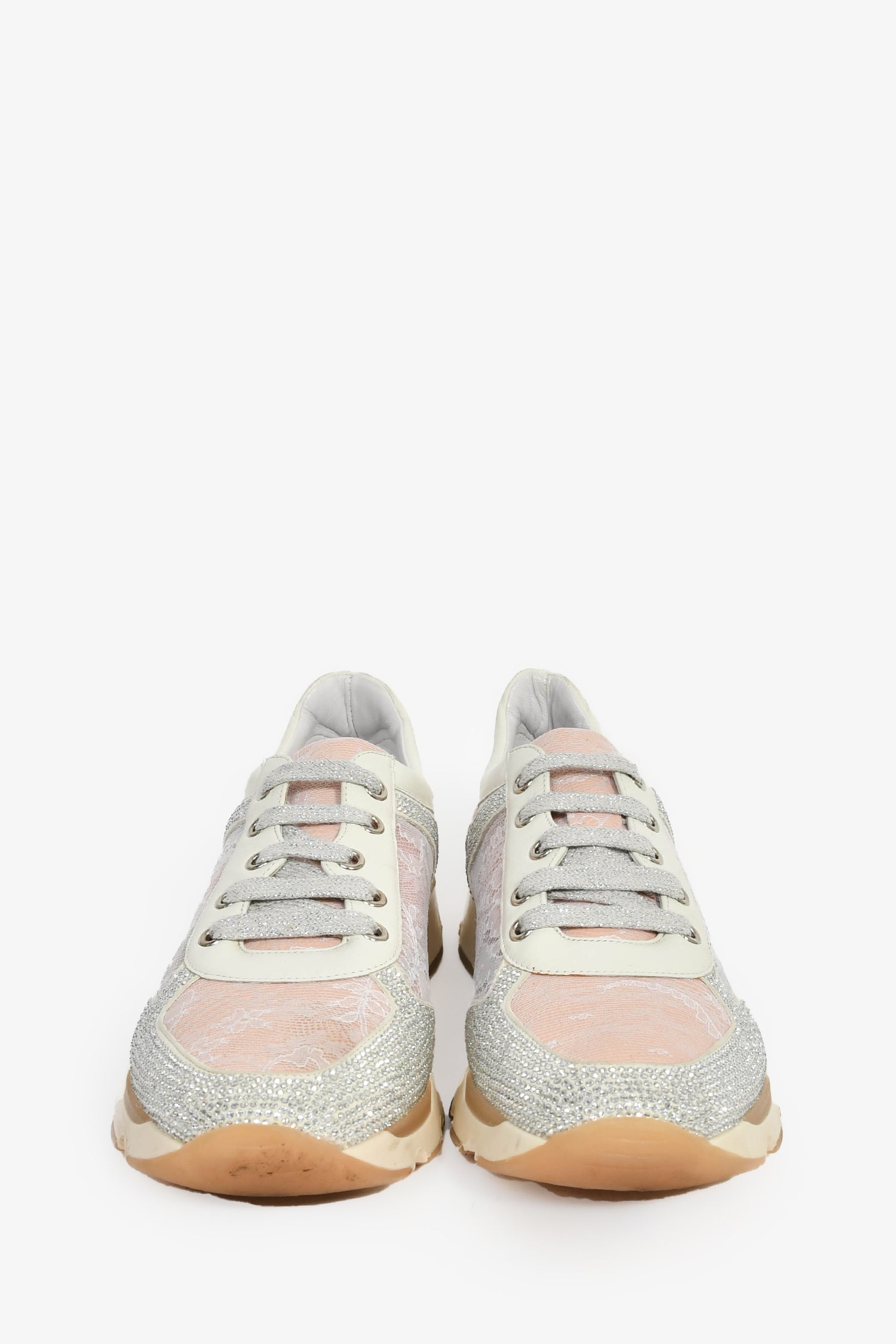 Rene Caovilla Pink/Silver Lace Crystal Sneakers Size 37
