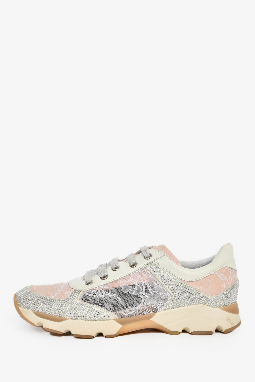 Rene Caovilla Pink/Silver Lace Crystal Sneakers Size 37