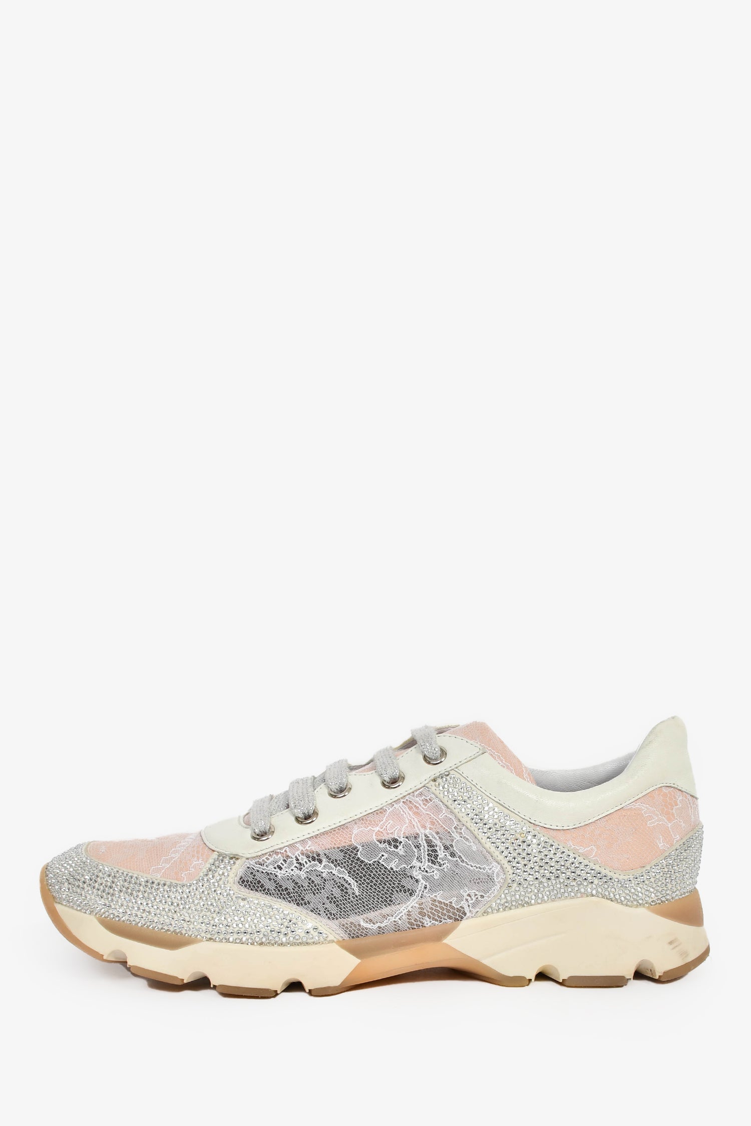 Rene Caovilla Pink/Silver Lace Crystal Sneakers Size 37