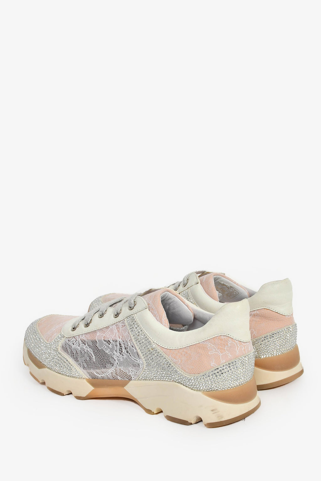 Rene Caovilla Pink/Silver Lace Crystal Sneakers Size 37