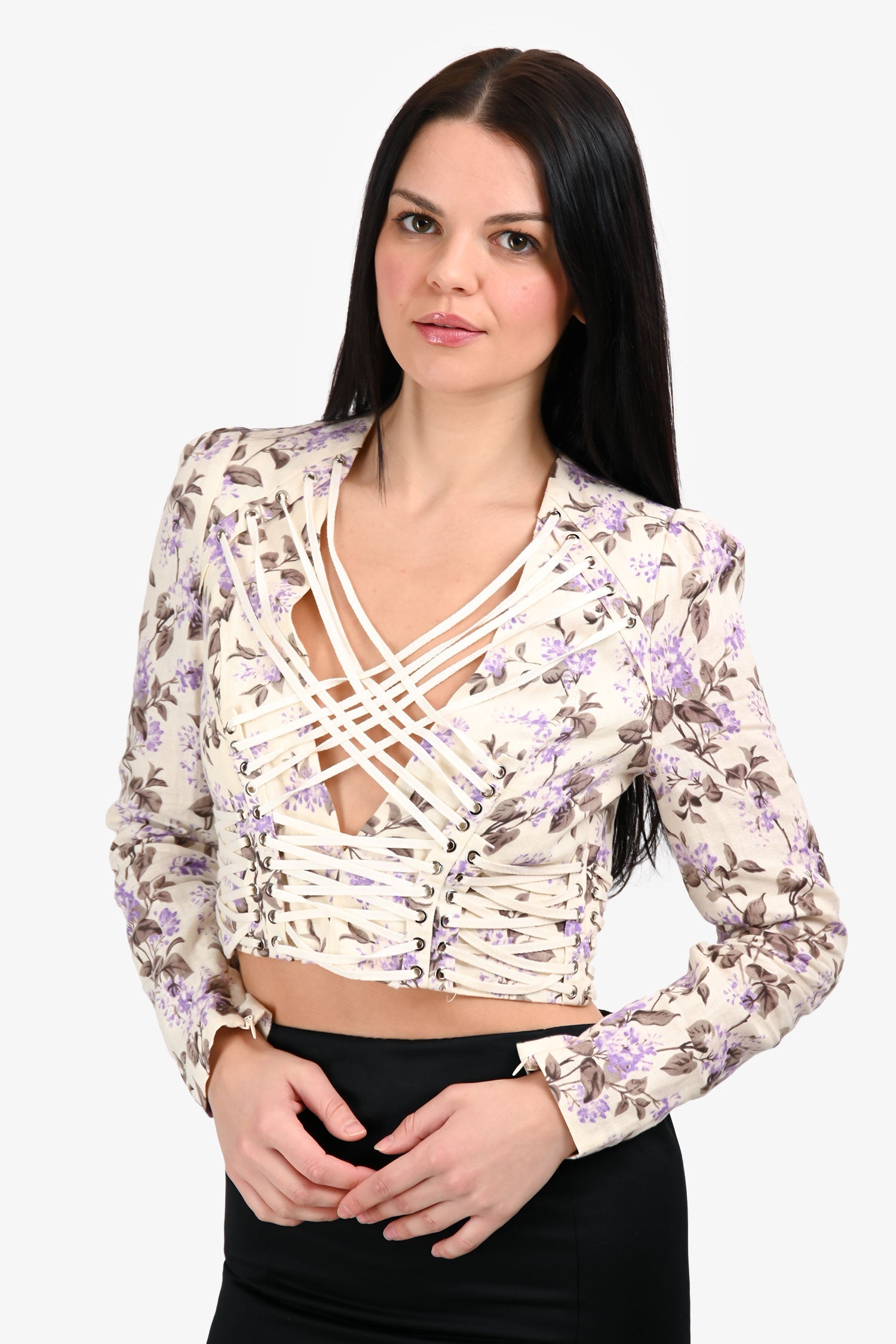 Zimmermann Beige/Purple Floral Print Corset Long Sleeve Cropped Top Size M