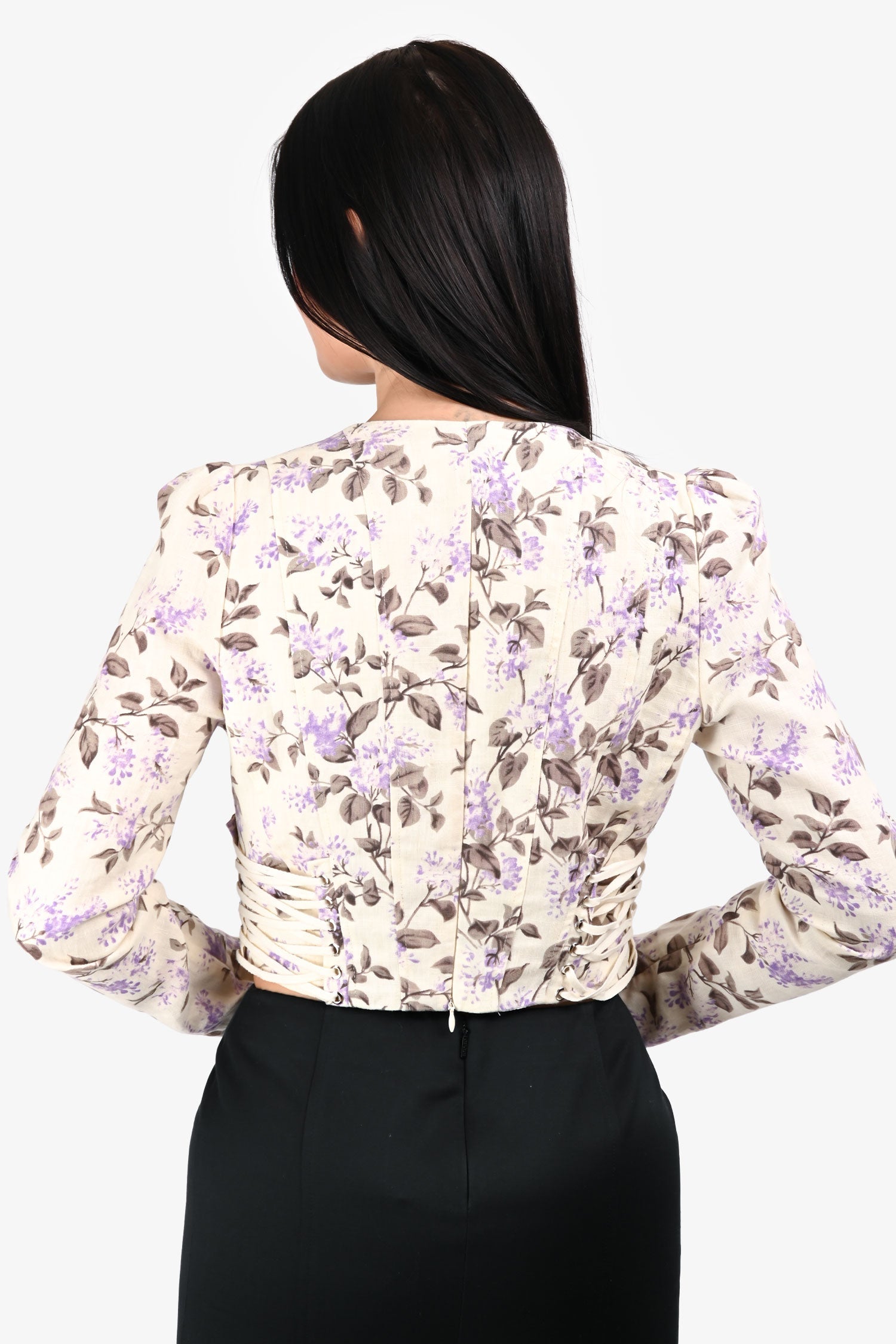 Zimmermann Beige/Purple Floral Print Corset Long Sleeve Cropped Top Size M