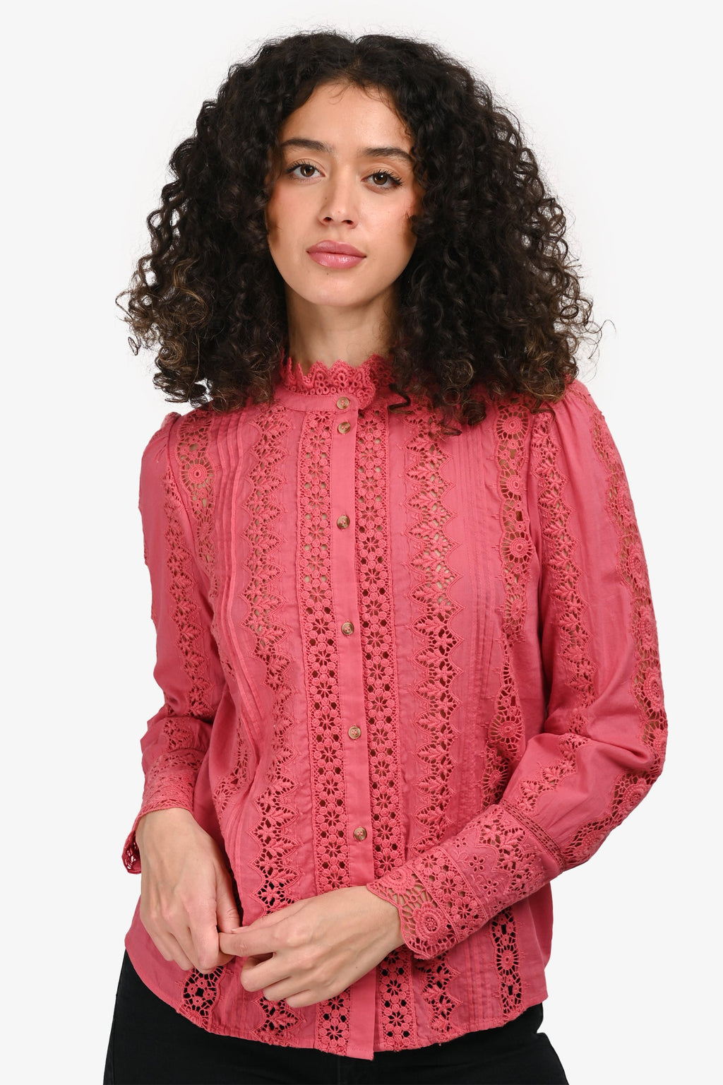 Sézane Pink Lace High Neck Long Sleeve Top Size 34