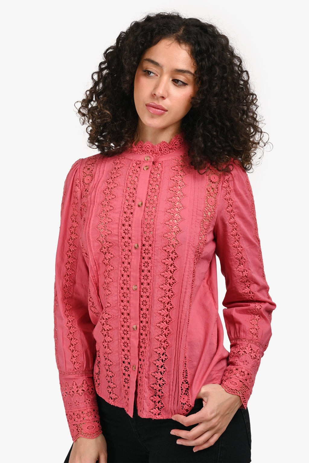 Sézane Pink Lace High Neck Long Sleeve Top Size 34