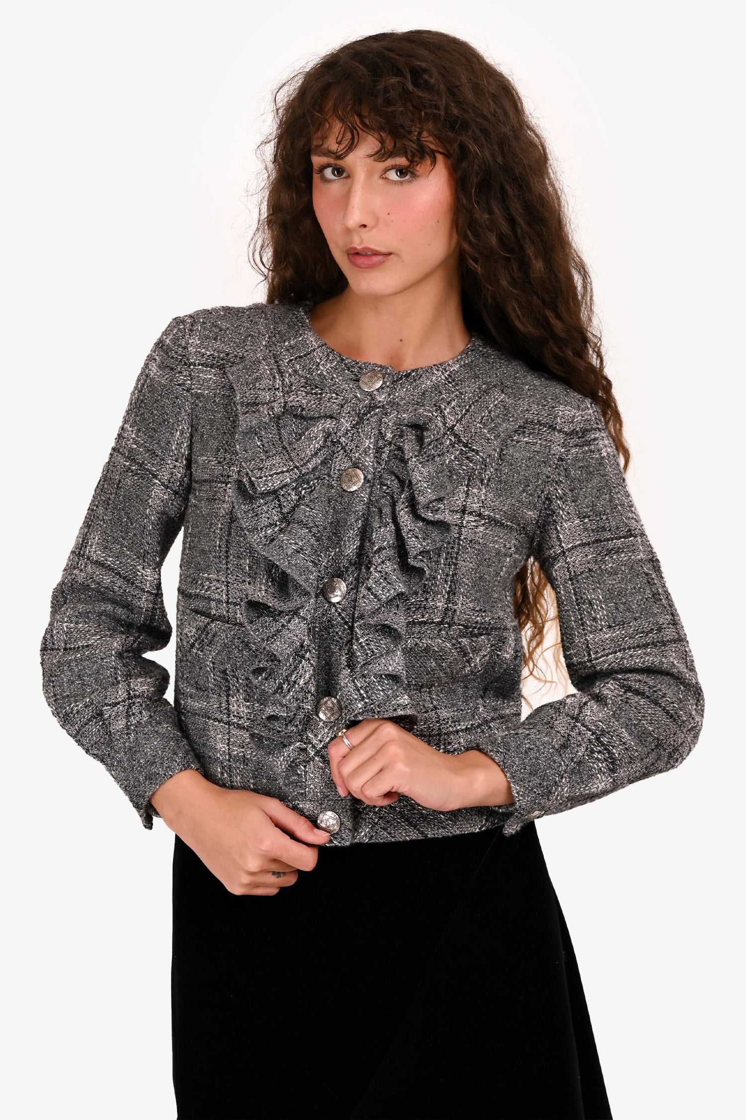 Pre-Loved Chanel™ 2019 Grey Ruffled Tweed Jacket Size 34