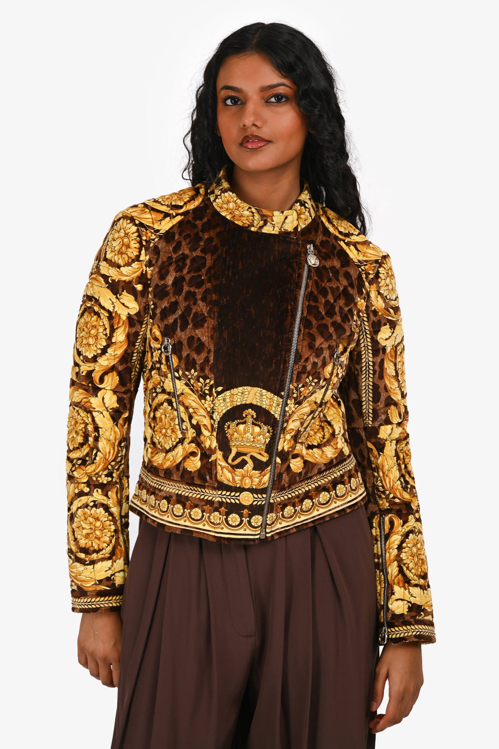 Versace Yellow/Brown Baroque Padded Cotton Moto Jacket Size 40