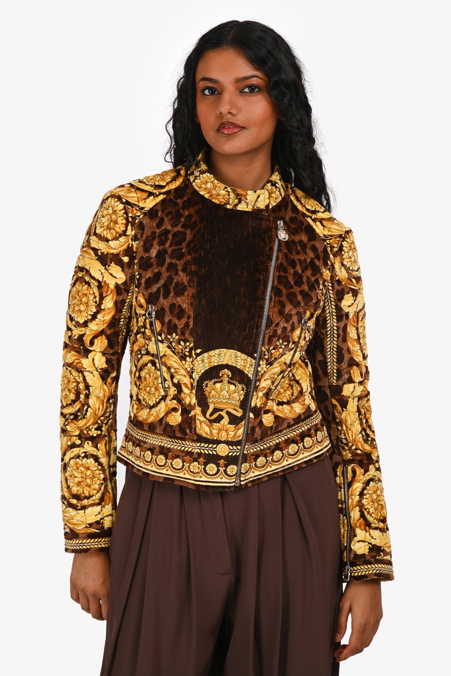 Versace Yellow/Brown Baroque Padded Cotton Moto Jacket Size 40