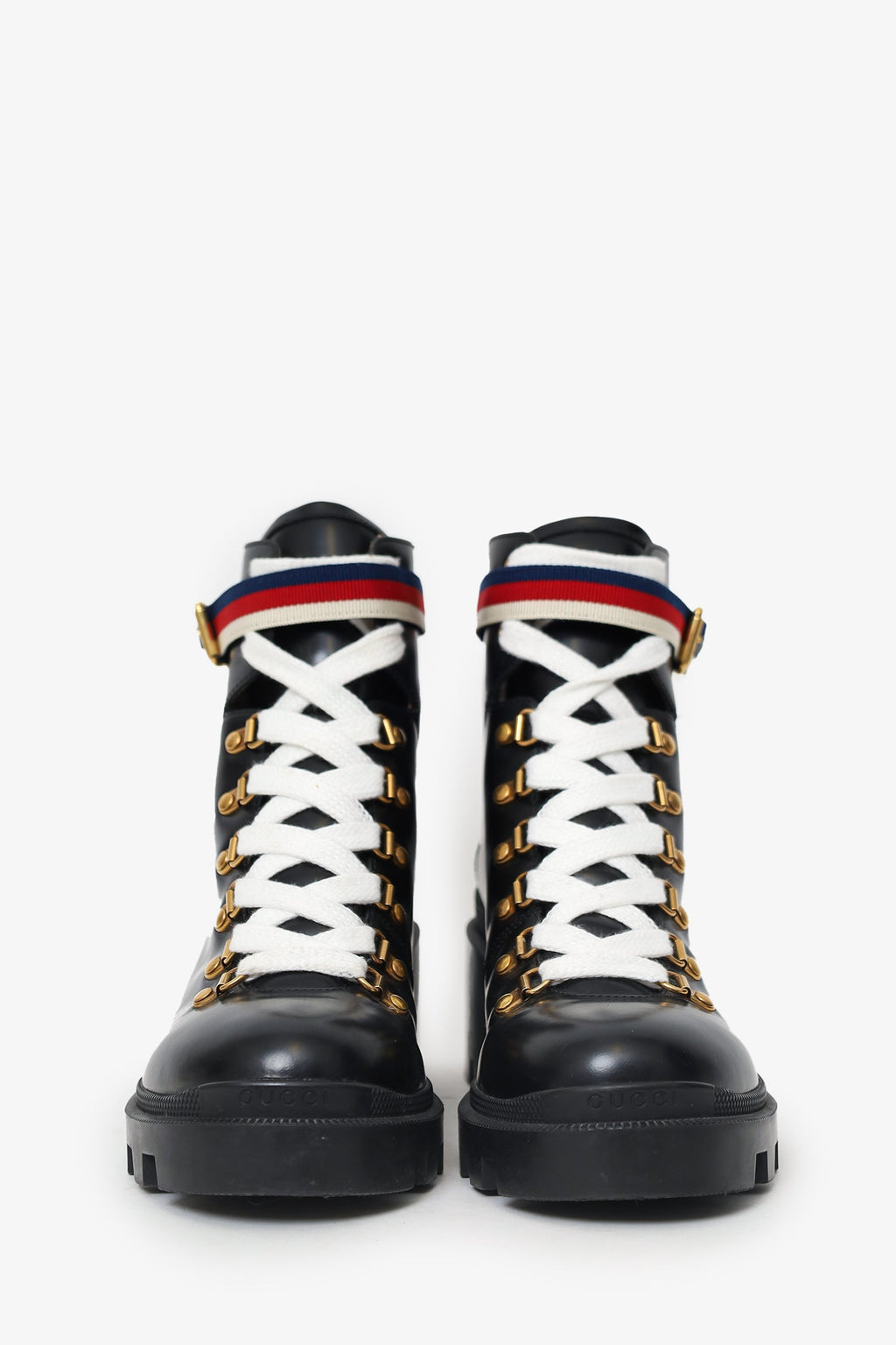 Gucci Black Leather Sylvie Web Combat Boots Size 40