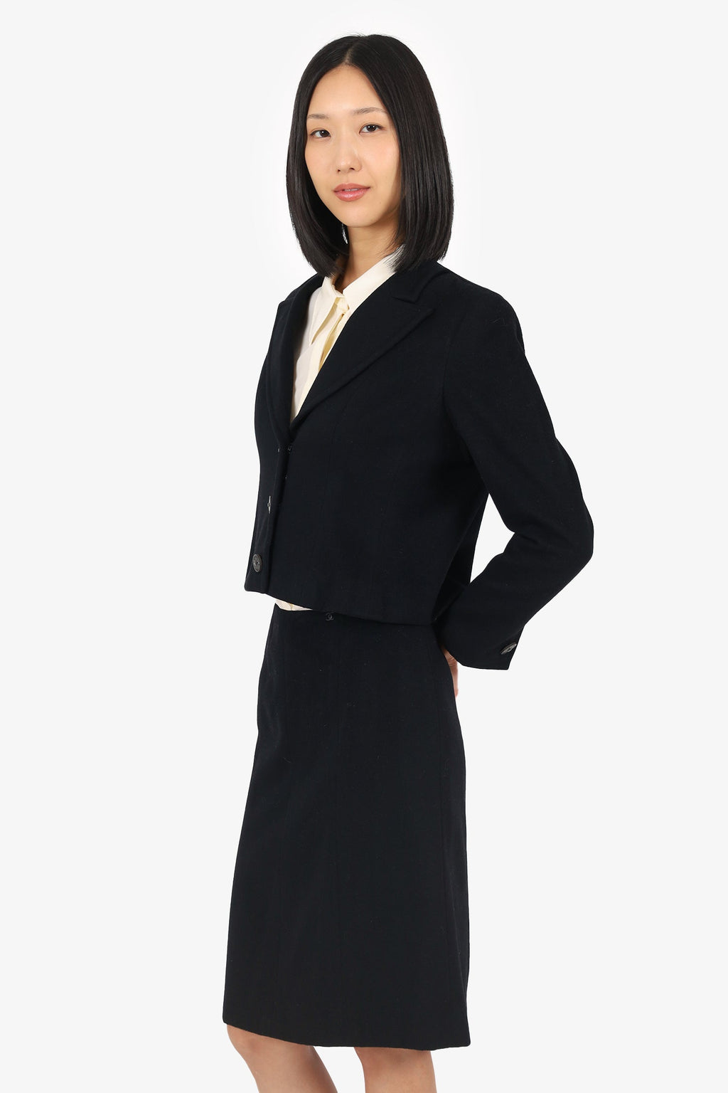 Pre-Loved Chanel™ 02A Black Cashmere Skirt Suit Set Size 38