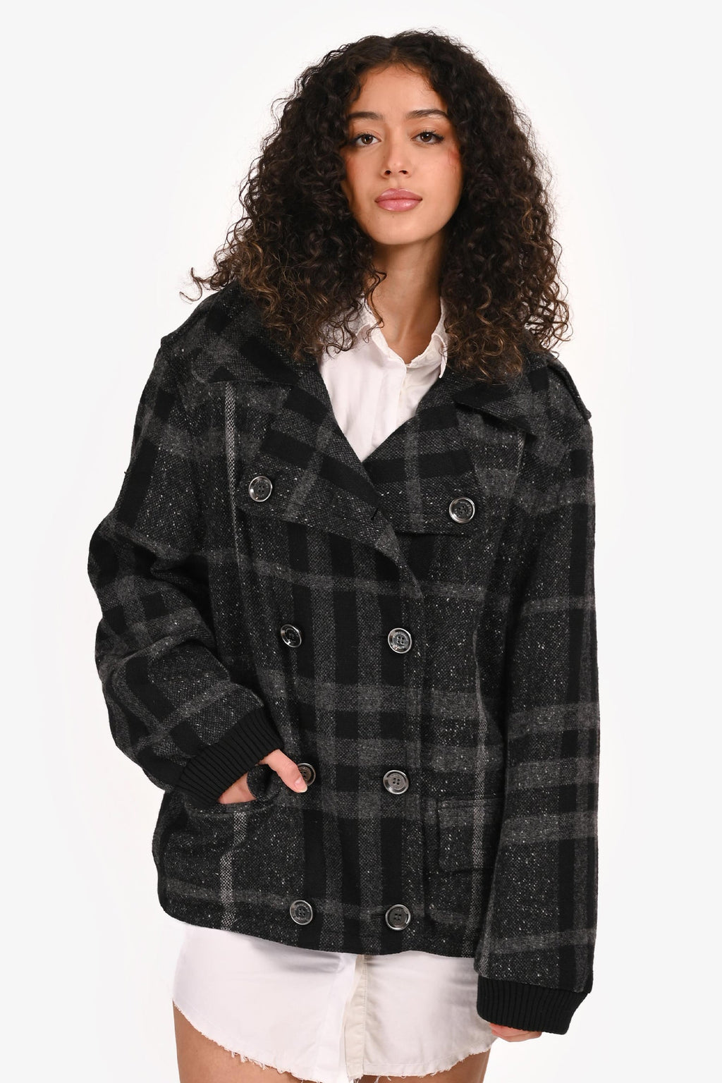 Burberry Brit Black/Grey Wool Plaid Double Breasted Jacket Size 12