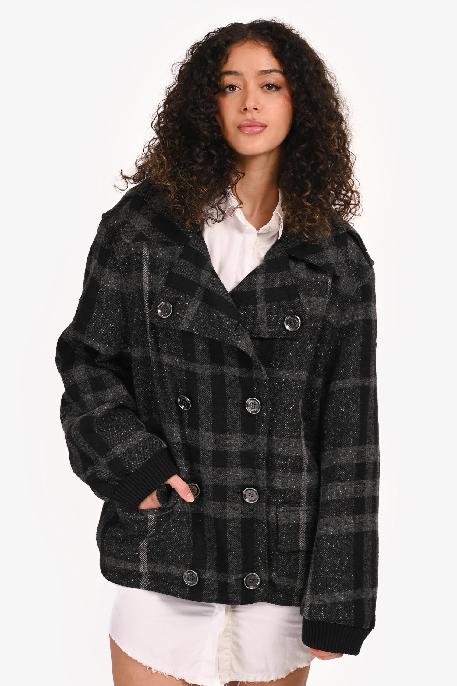 Burberry Brit Black/Grey Wool Plaid Double Breasted Jacket Size 12