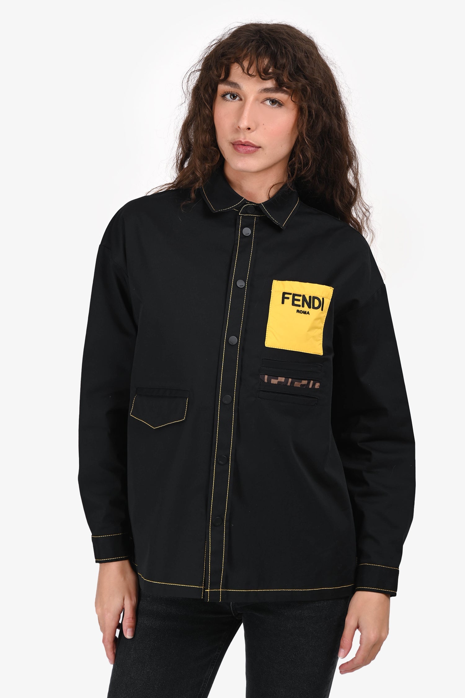 Fendi Black/Yellow Pocket Stitch Detail Button-Up Shirt Estimated Size S