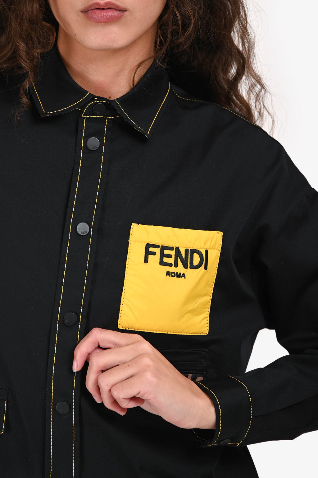 Fendi Black/Yellow Pocket Stitch Detail Button-Up Shirt Estimated Size S