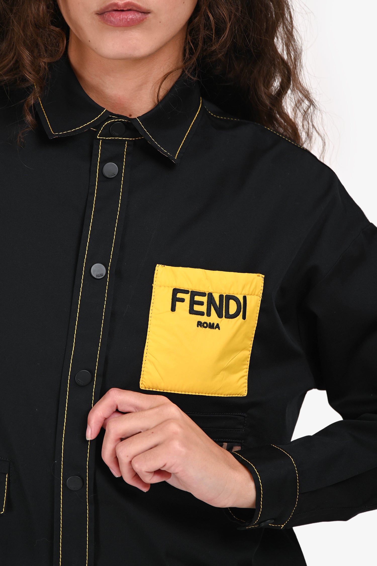 Fendi Black/Yellow Pocket Stitch Detail Button-Up Shirt Estimated Size S