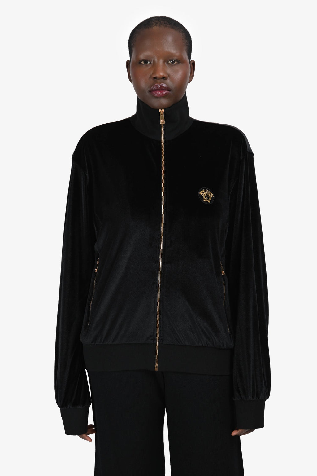 Versace Black Velvet Medusa Logo Embroidered Zip Up Hoodie Size XL