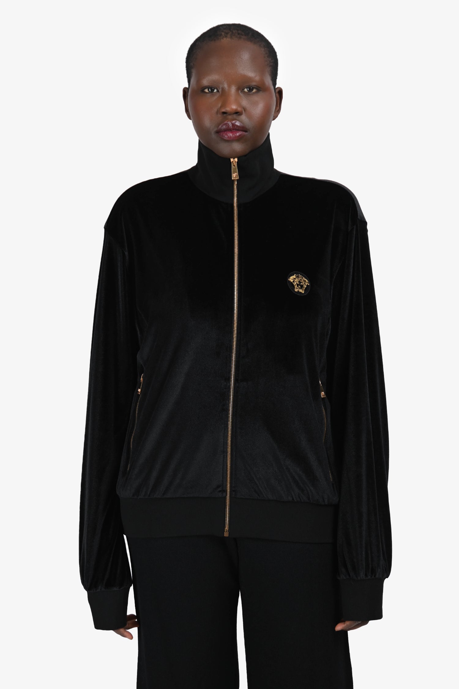 Versace Black Velvet Medusa Logo Embroidered Zip Up Hoodie Size XL