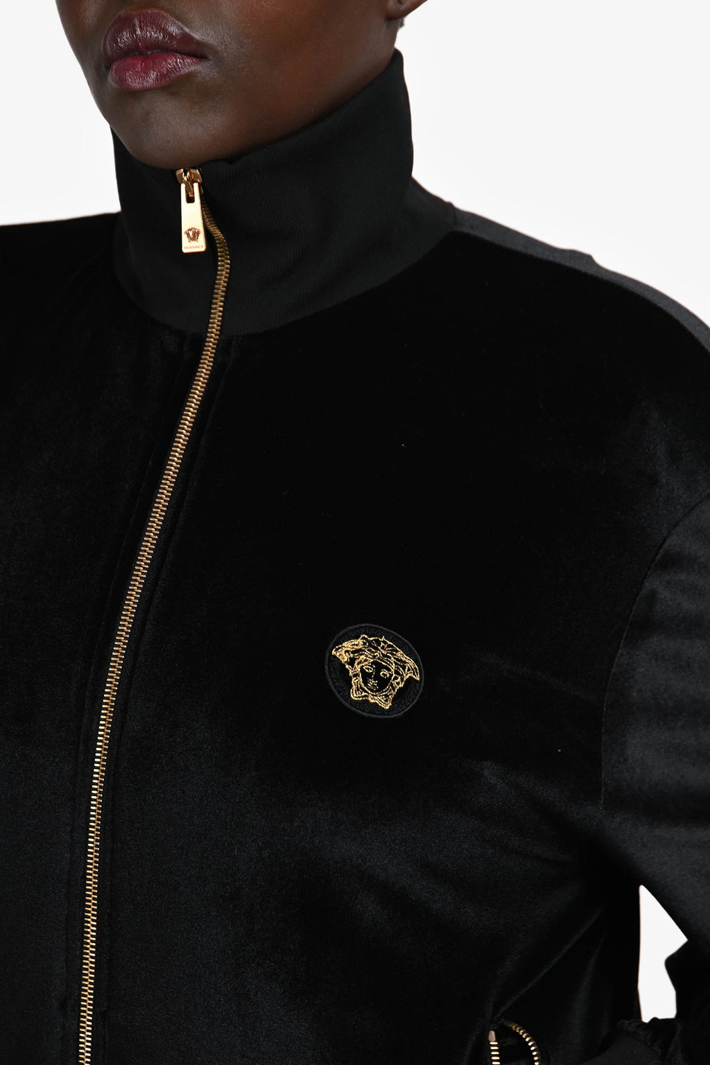 Versace Black Velvet Medusa Logo Embroidered Zip Up Hoodie Size XL
