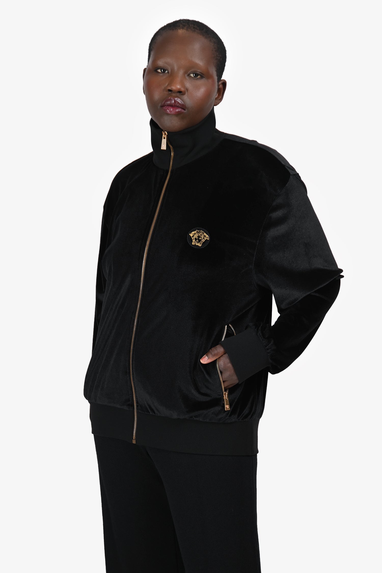 Versace Black Velvet Medusa Logo Embroidered Zip Up Hoodie Size XL
