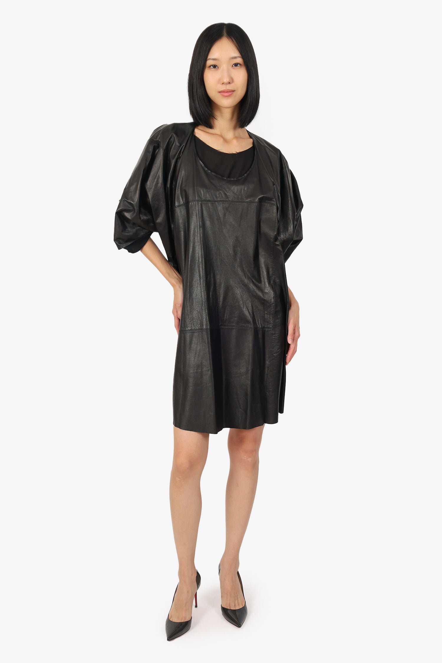 Junya Watanabe Comme De Garcons Black Leather/Organza Dress Size S