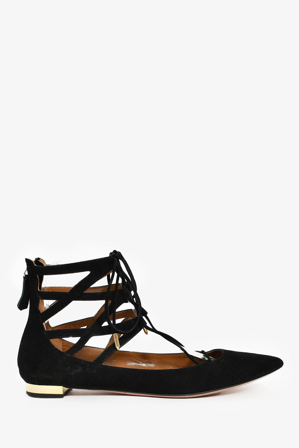 Aquazzura Black Suede Pointed Tie Up Flats Size 39