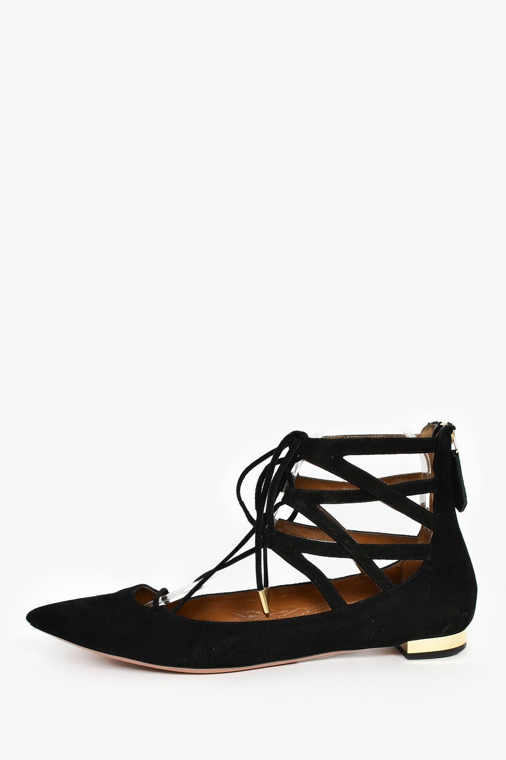 Aquazzura Black Suede Pointed Tie Up Flats Size 39