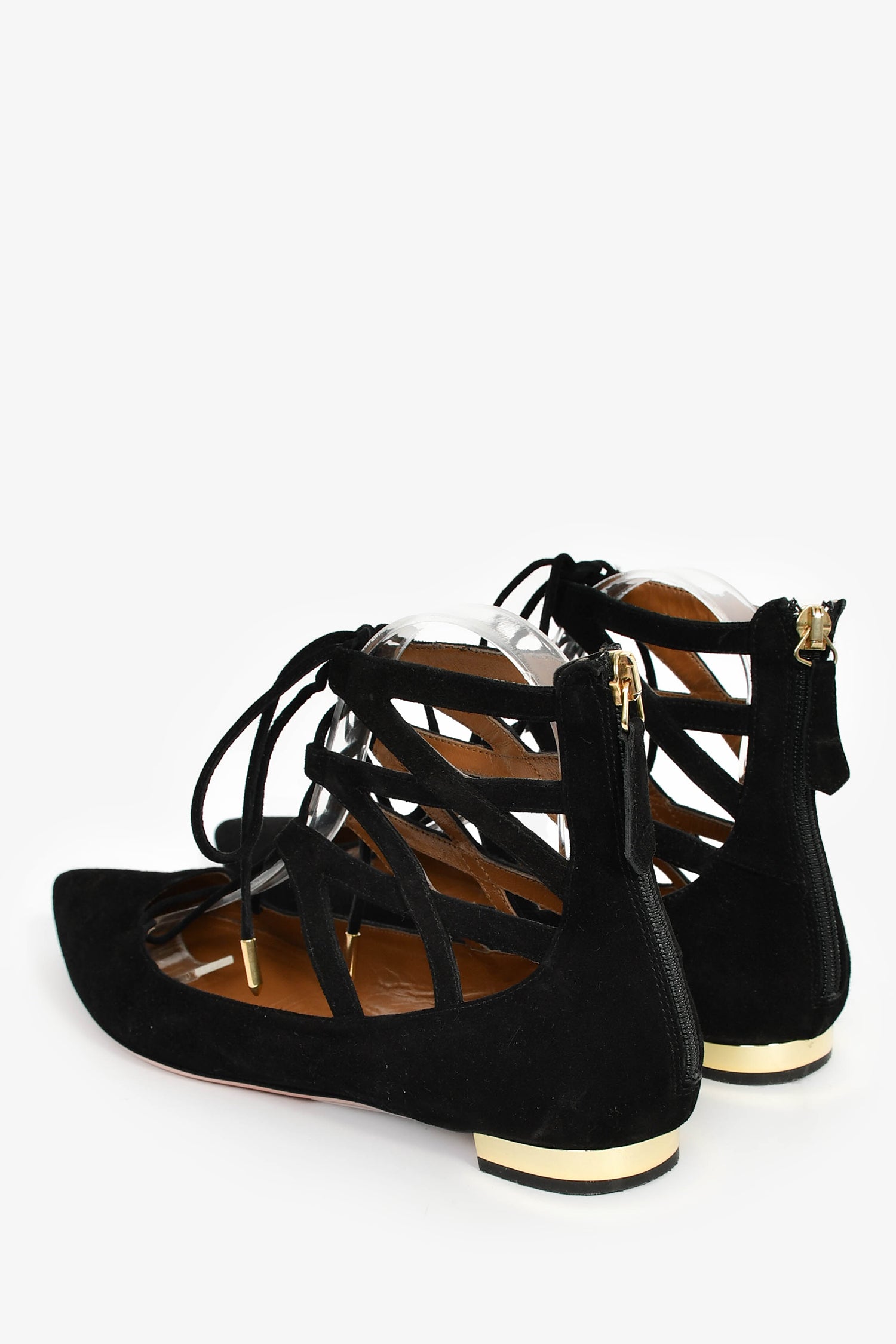 Aquazzura Black Suede Pointed Tie Up Flats Size 39