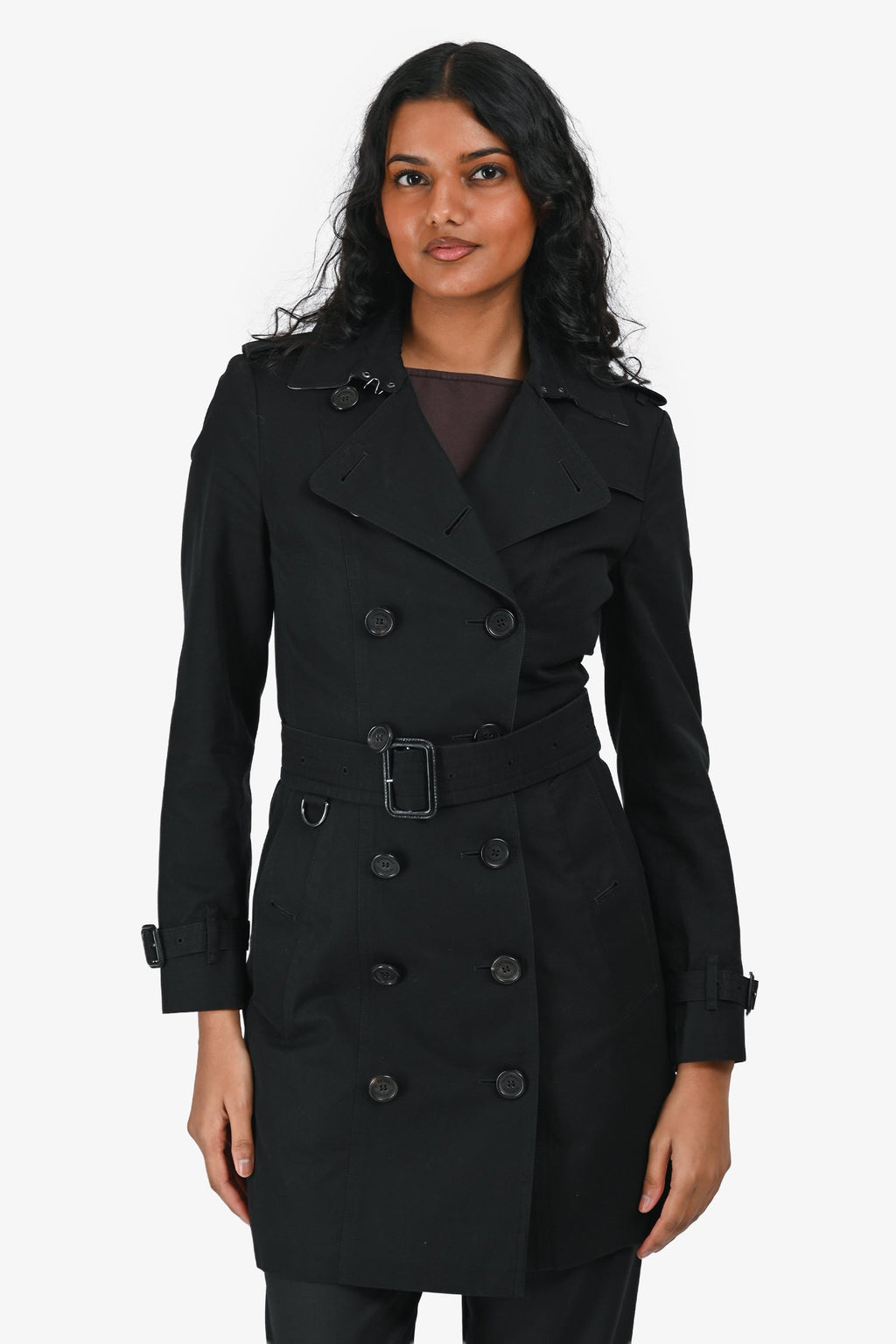 Burberry Black Cotton 'Sandringham' Double Breasted Trench Coat Size 2 US