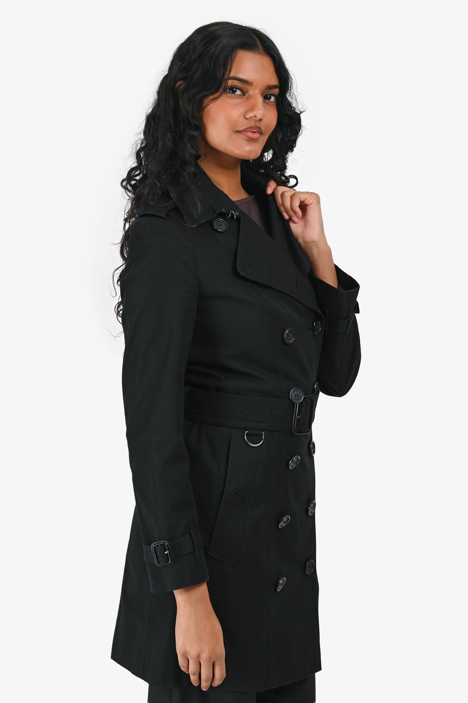 Burberry Black Cotton 'Sandringham' Double Breasted Trench Coat Size 2 US