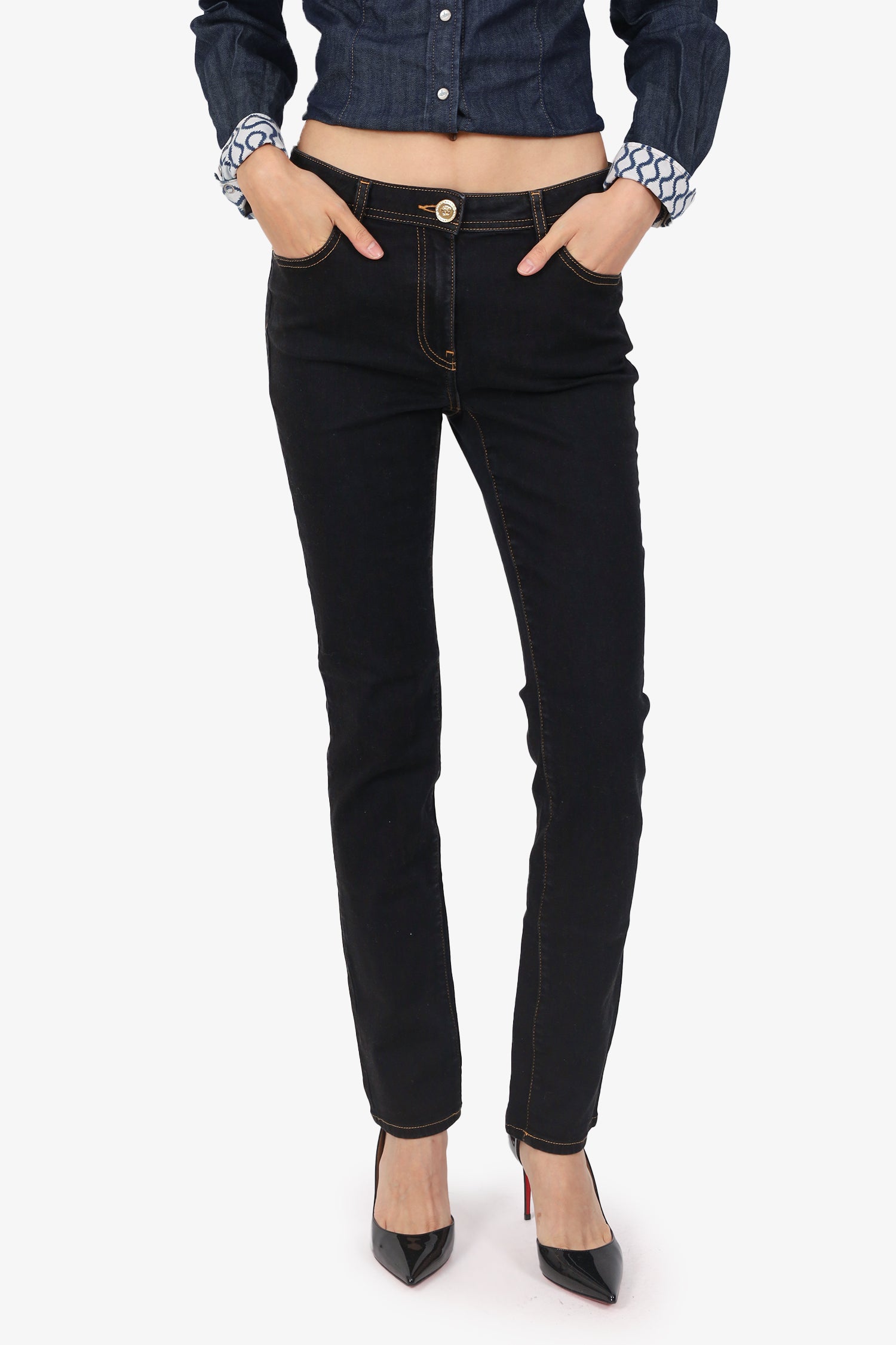 Versace Dark Denim Logo Back Pocket Straight Leg Jeans Size 28