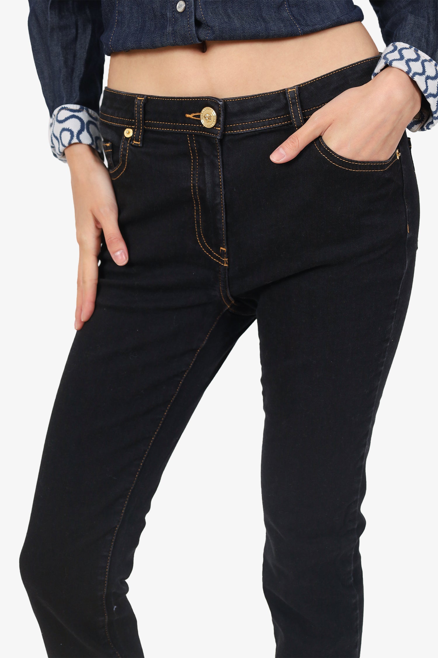 Versace Dark Denim Logo Back Pocket Straight Leg Jeans Size 28