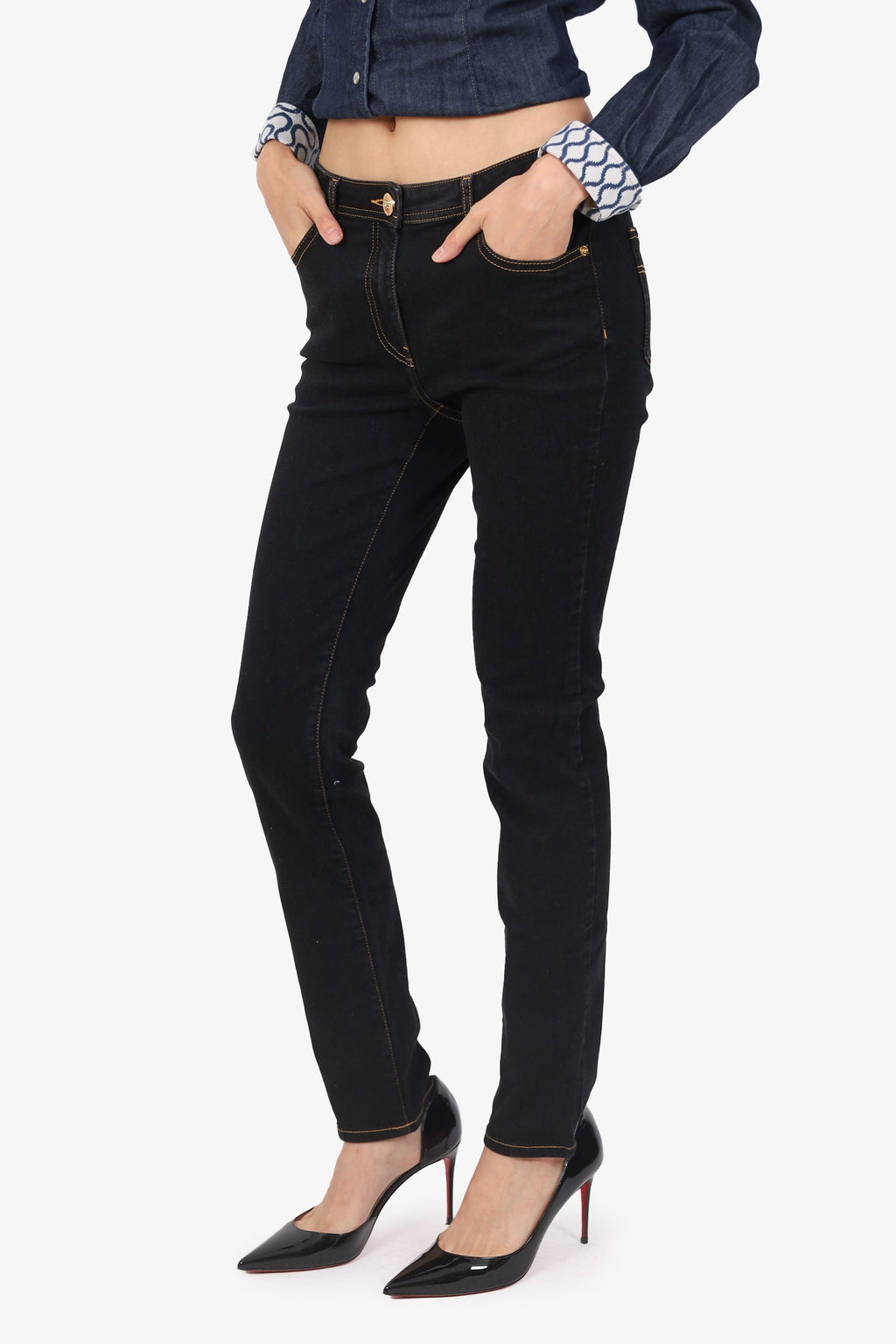 Versace Dark Denim Logo Back Pocket Straight Leg Jeans Size 28