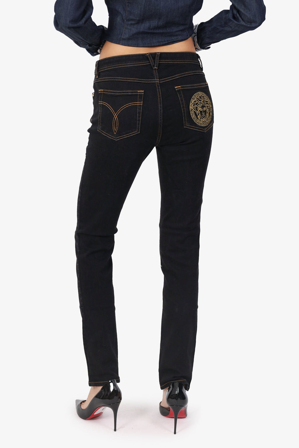 Versace Dark Denim Logo Back Pocket Straight Leg Jeans Size 28