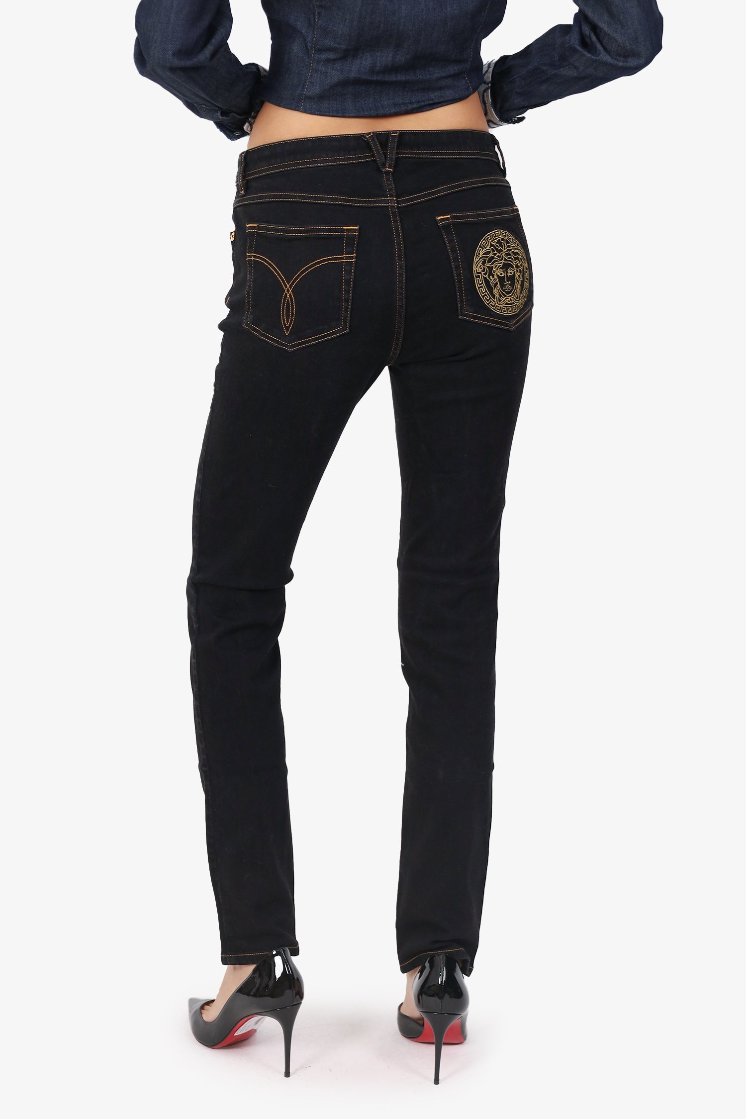 Versace Dark Denim Logo Back Pocket Straight Leg Jeans Size 28