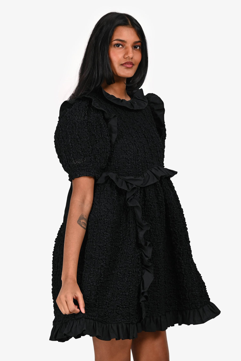 Cecilie Bahnsen Black Textured Ruffle Mini Dress Size 2 US
