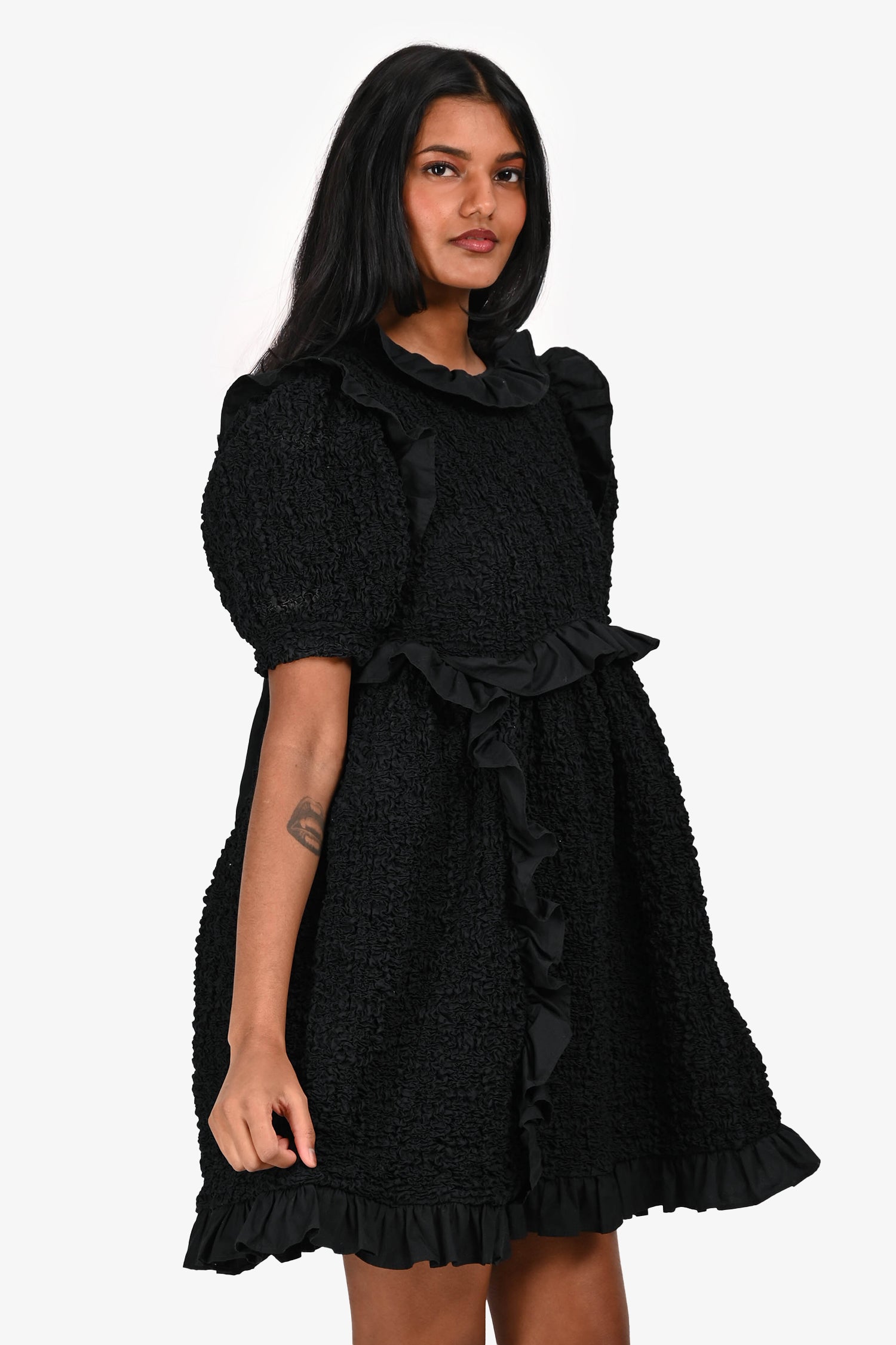 Cecilie Bahnsen Black Textured Ruffle Mini Dress Size 2 US