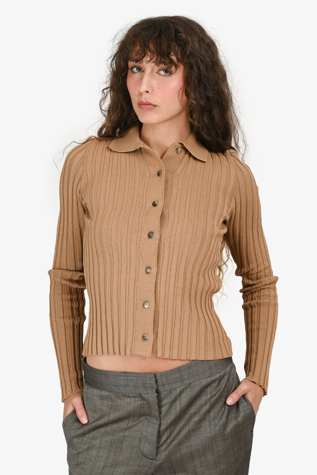 Anine Bing Brown Knit Ribbed Collared Top Size XS