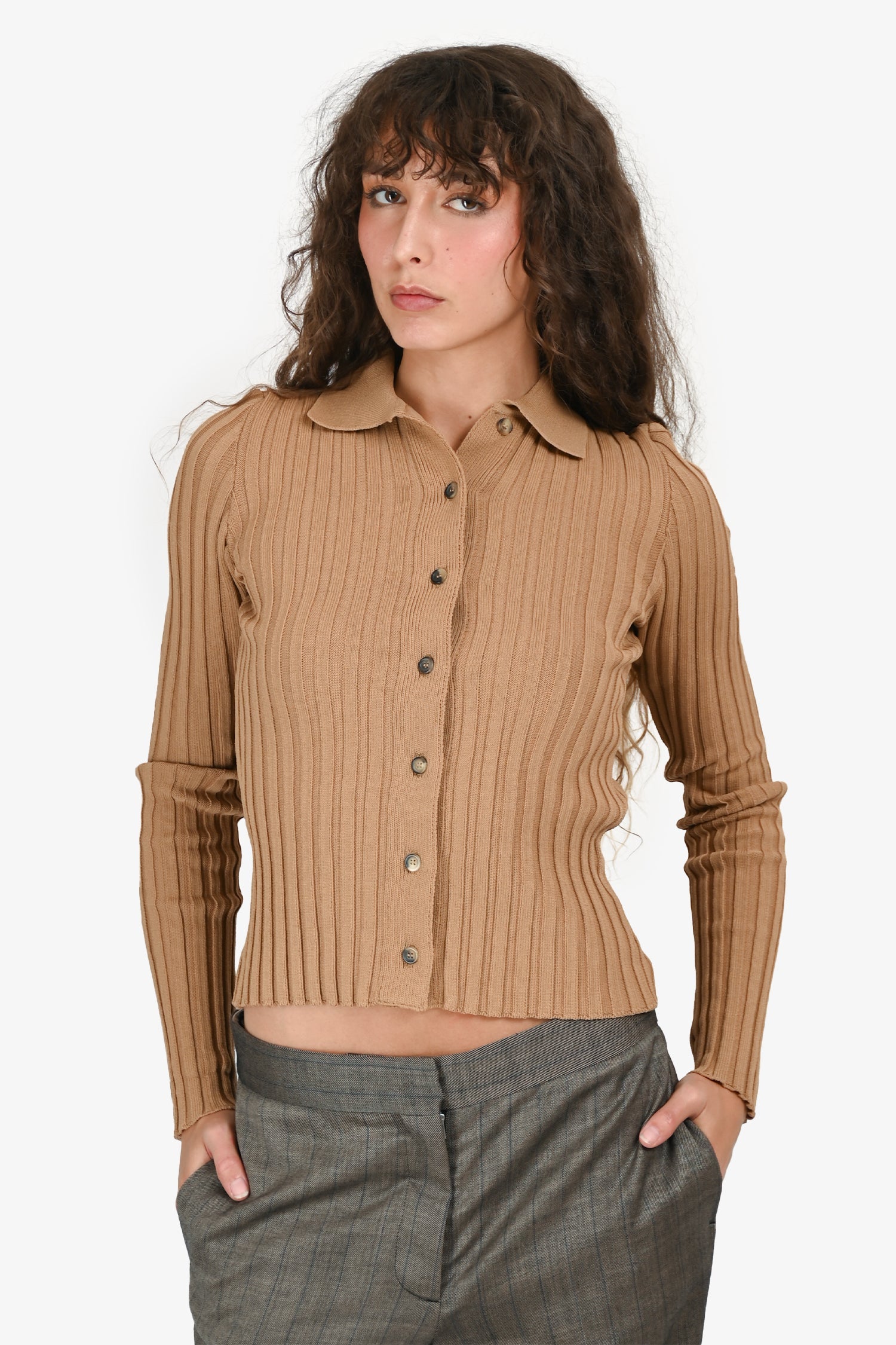 Anine Bing Brown Knit Ribbed Collared Top Size XS