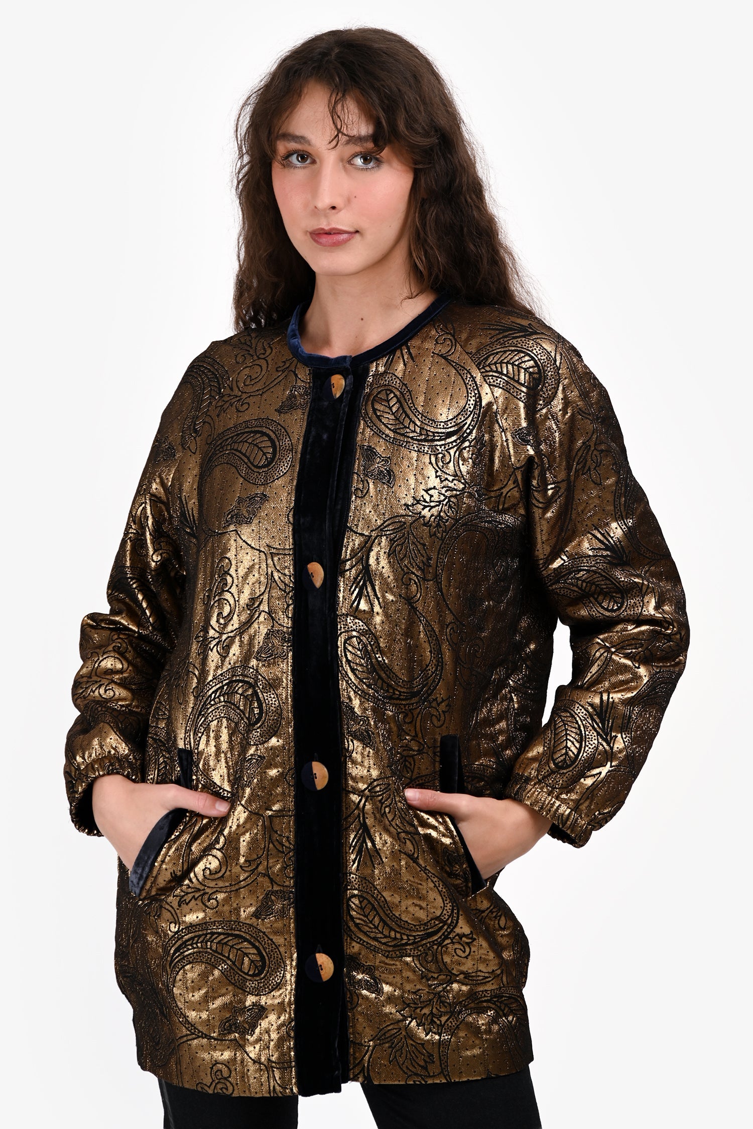 Forte Forte Gold/Blue Metallic/Velvet Button Down Lightweight Jacket Estimated Size S/M