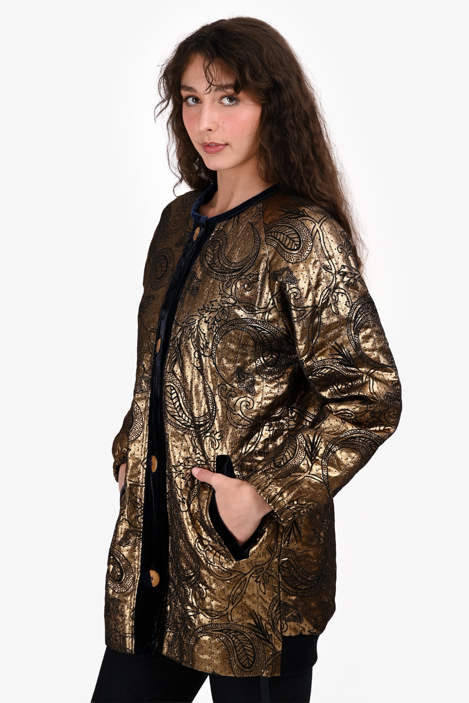 Forte Forte Gold/Blue Metallic/Velvet Button Down Lightweight Jacket Estimated Size S/M