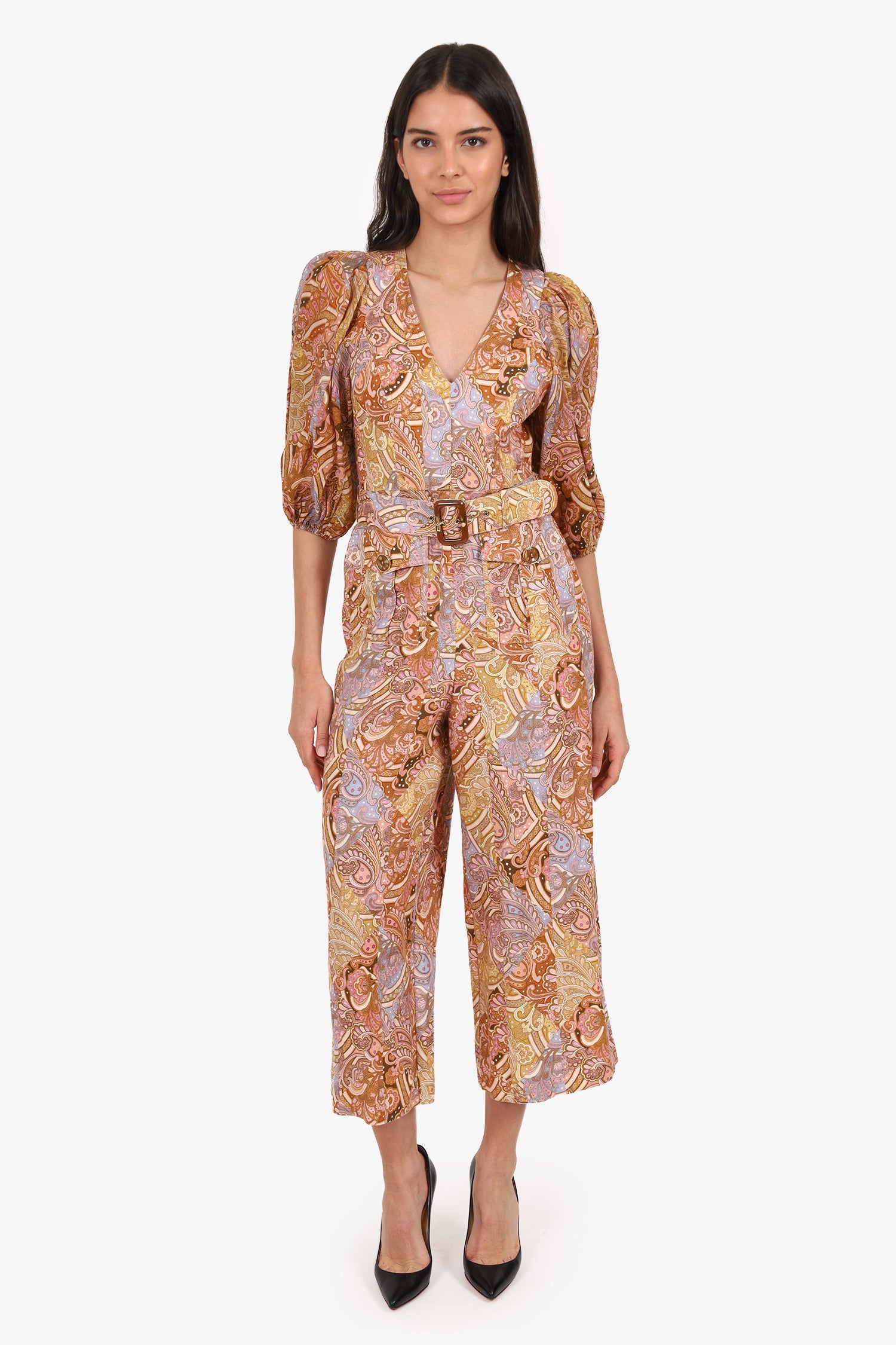 Zimmerman Brown Linen Paisley Jumpsuit With Belt Size 1