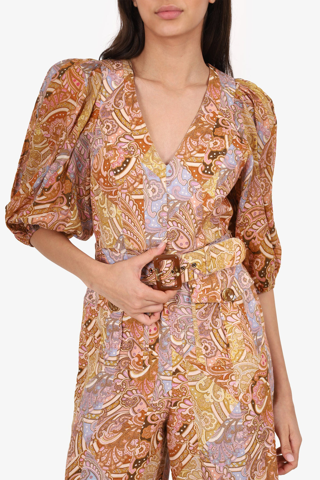 Zimmerman Brown Linen Paisley Jumpsuit With Belt Size 1