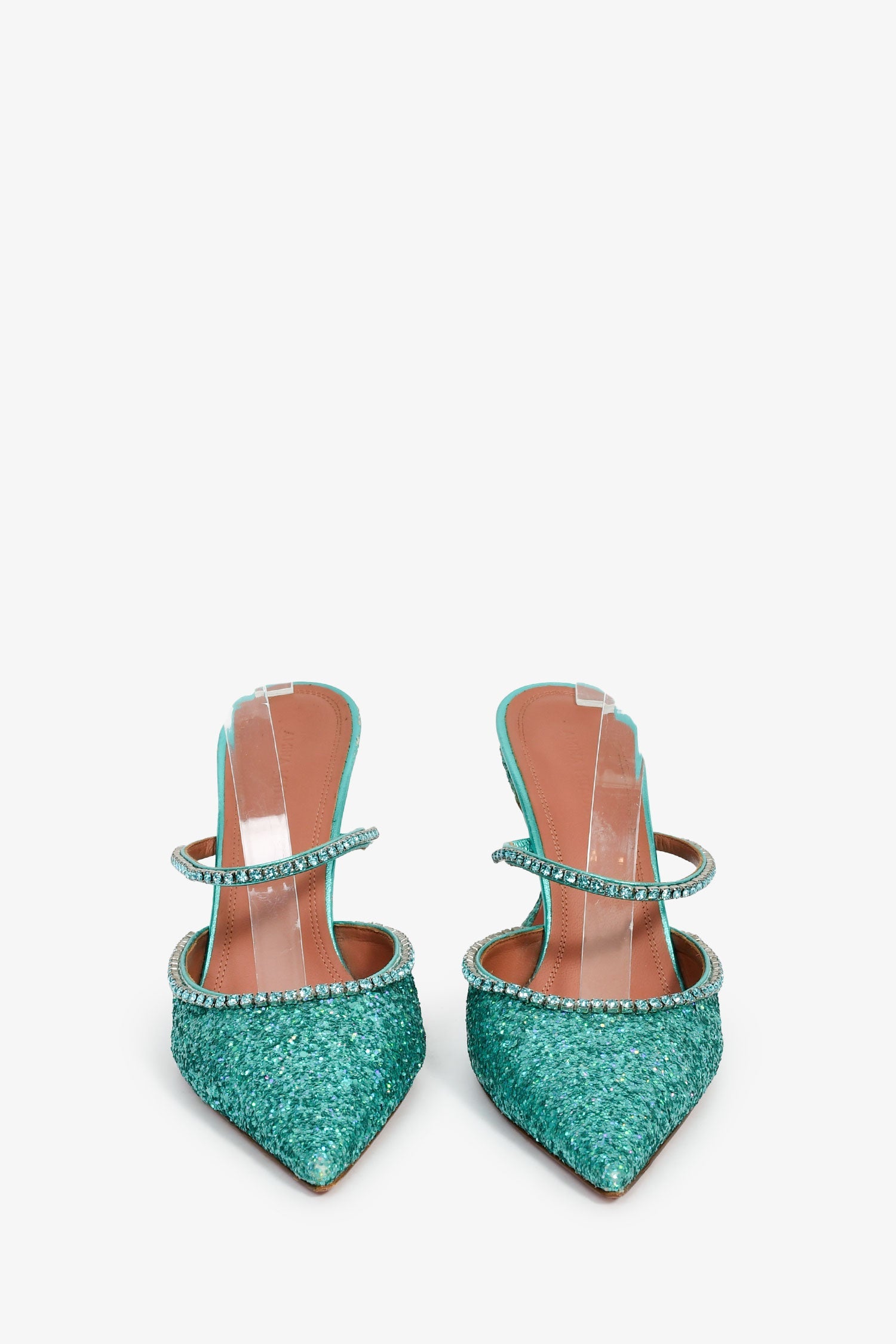 Amina Muaddi Turquoise Gilda 95 Mules Glitter Heels Size 38.5