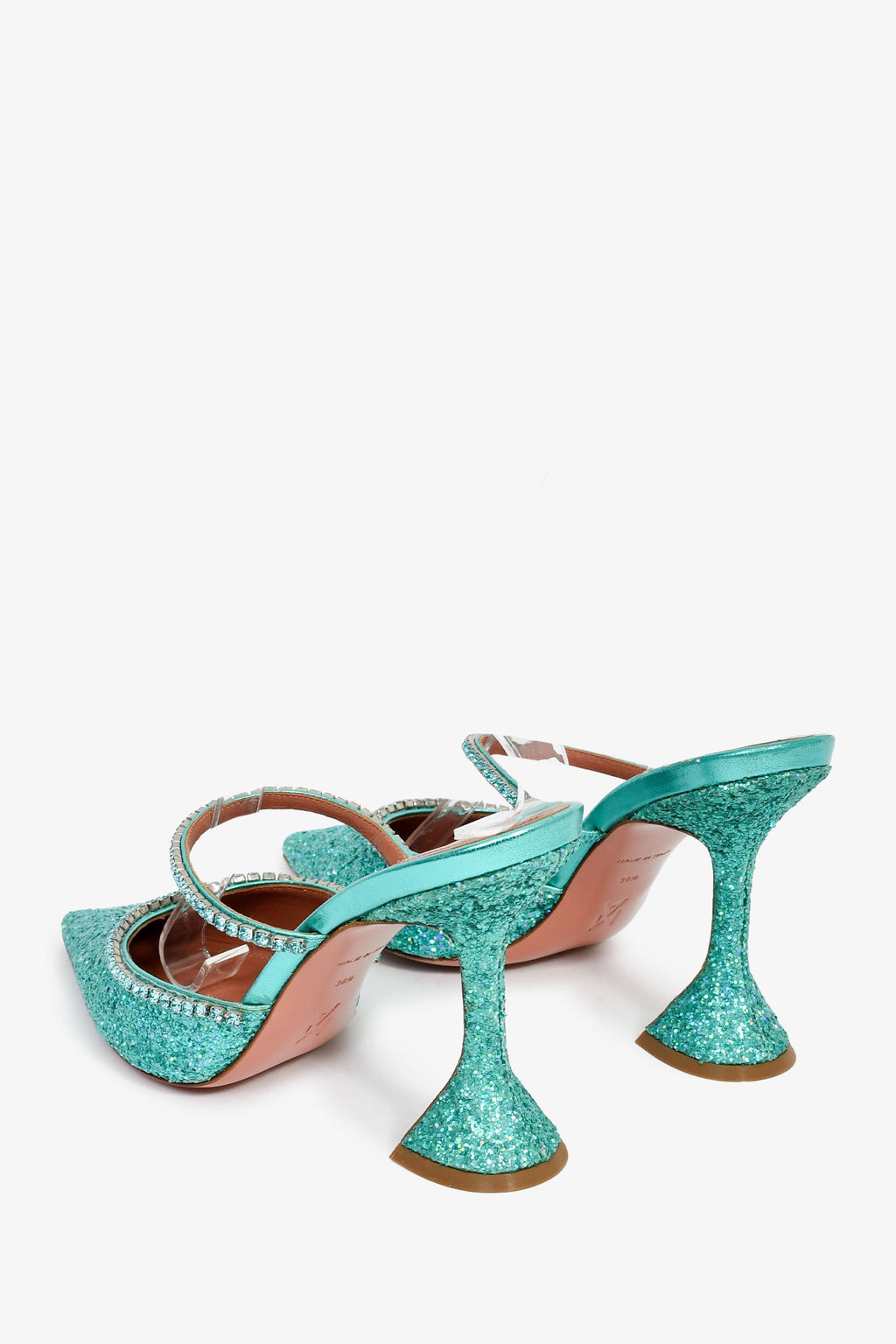 Amina Muaddi Turquoise Gilda 95 Mules Glitter Heels Size 38.5
